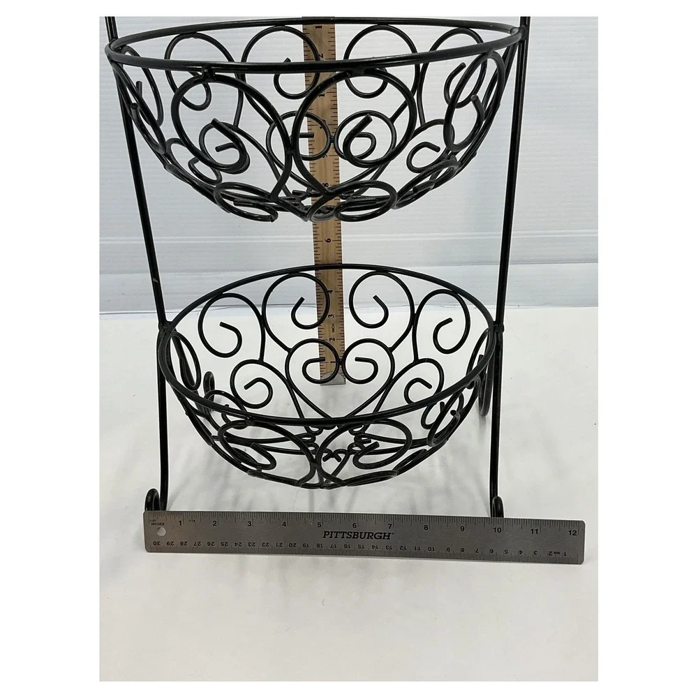 Black Metal 2-Tier Fruit Basket Stand with Scroll Design‎